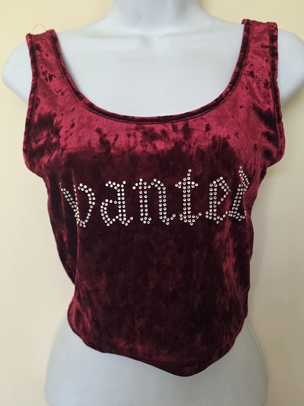 Velvet Studded 'Wanted' Crop Tank - Deep Wine Size Small
